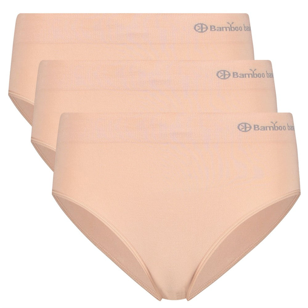 Sæt med tre Sømløs Bambus Maxi Trusse i hudfarvet bambusmateriale med åndbarhed og medium til stærk shaping, der sikrer usynlig pasform og komfort hele dagen.
